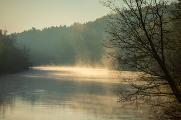 beautiful misty morning on the natural forest river Gauja in Latvia