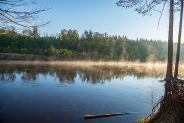 beautiful misty morning on the natural forest river Gauja in Latvia
