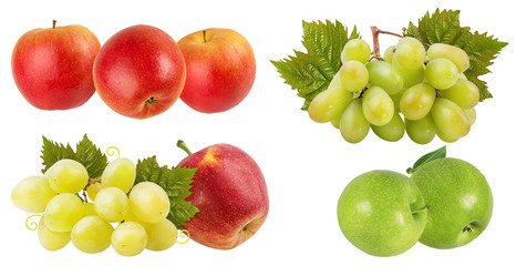 Fresh grapes and apples isolated on white background with clipping pass