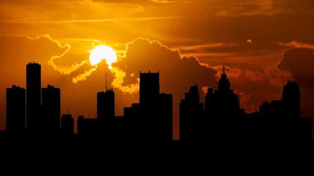 Detroit: Cityscape at Sunset, with skyscrapers in Silhouette, Michigan, USA