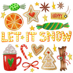 set of watercolor new year elements  lettering let it snow retro  lollipop, candy, cocoa mug, cookies