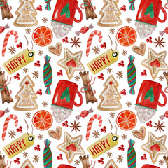 Seamless pattern  background Christmas , new year, red sweet spice biscuits cocoa candys on wight background
