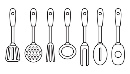 Kitchen tools set, black line icons isolated on white background, vector illustration.