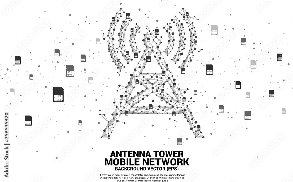 Poster Antenna Tower icon polygon style from dot and line connection with sim card icon. Concept of telecommunication mobile and data technology