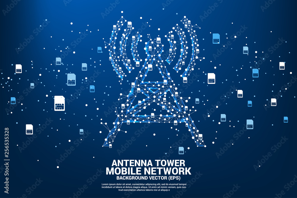 Poster Antenna Tower icon polygon style from dot and line connection with sim card icon. Concept of telecommunication mobile and data technology