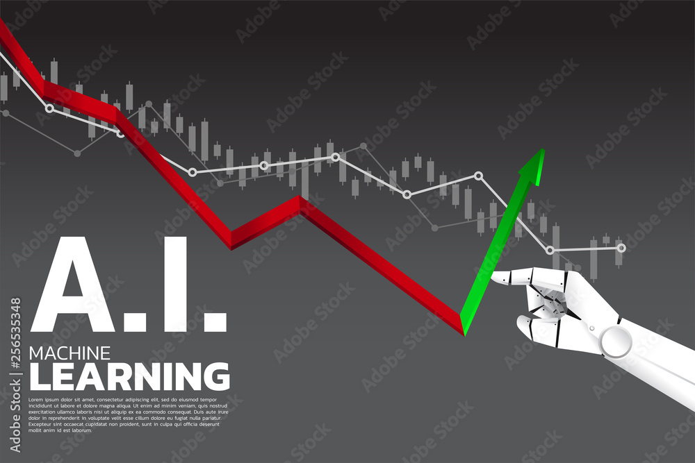 Aufkleber Robot hand push down graph for turn around to growth graph . Business concept for machine learning , a.i artificial intelligence and disruption.