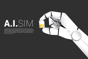 Robot hand with hold machine learning sim card. concept for a.i artificial intelligence sim technology.