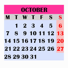 Calendar design month october 2019. Year 2019 calendar. Simple design for calendar 2019. Calendar for organization and business. Week Starts Monday.