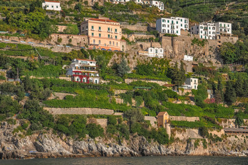 Summer panorama of houses in the Amalfi coast seen from the sea