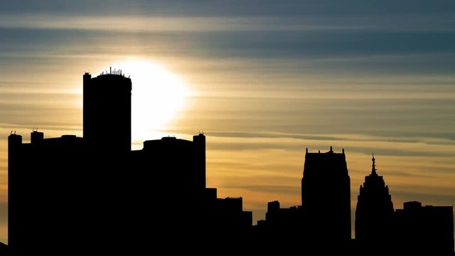 Detroit: View of Skyline at Sunset, with Skyscrapers in Silhouette, USA