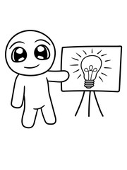 nachdenken idee glühbirne lampe licht aufgehen kleiner mann zeigen tafel bild süß niedlich vortrag lernen präsentation lehrer ausbilder meeting idee kunst comic cartoon figur ansprache schule anweisun