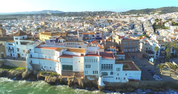 Aerial view in Sitges, coastal village of Barcelona,Spain. Drone Footage