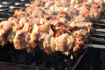 street food skewers, meat is fried on the fire, the process of cooking meat on the fire