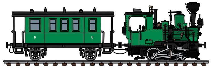 The vectorized hand drawing of a vintage green small steam locomotive and the green coach