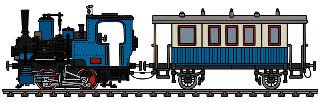 The vectorized hand drawing of a vintage blue small steam locomotive and the blue and cream wagon