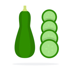 Whole zucchini and slices of zucchini flat isolated