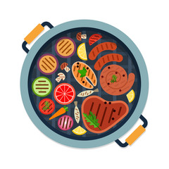 Sausages, steak, fish and vegetables on the grill top view flat isolated