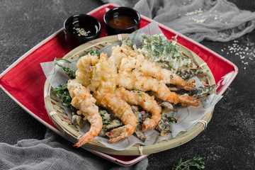 Fried Shrimps tempura with sweet chili sauce on the dish