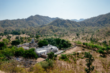Fototapeta na wymiar Landscape with Sun Temple in Ranakpur, Rajasthan, India