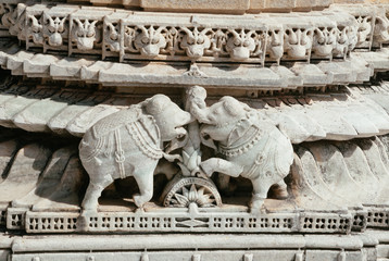 Marble elephants in Ranakpur Jain Temple in Rajasthan, India