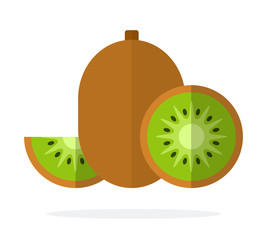 Fruit of kiwi, half of kiwi and wedge of kiwi flat isolated