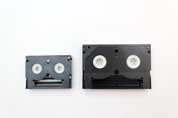 Set of vintage video cassettes, video cassette on a white background.