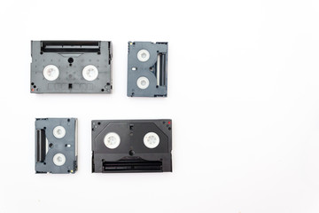 VHS and mini dv video tapes cassette on white background, Copy space
