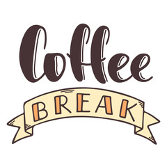 Coffee break hand drawn vector lettering with ribbon. Isolated sign for break and pause without background. Brush calligraphy imitation, text phrase design for banner, card