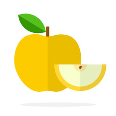 Yellow apple with a leaf and a slice of apple flat isolated