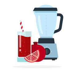 The whole pomegranate, garnet segment, a glass of pomegranate juice and a blender vector flat isolated