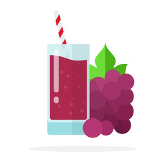 A bunch of red grapes and grape juice in a glass with straws flat isolated