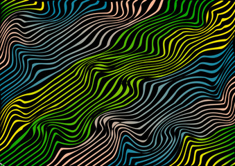 Abstract pattern with colorful waves on black background. Vector illustration