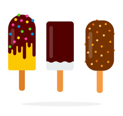 Ice creams on a stick with chocolate glaze flat isolated