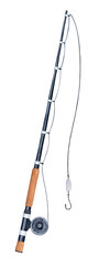 Fishing rod watercolour illustration. Tool to catch fish. One single object; black, silver, brown colours. Handdrawn water color sketchy painting on white, cutout clipart element for stylish design.