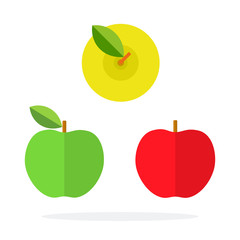 Red and green apples side view and yellow apple top view flat isolated