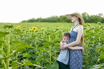 Happy small son embraces pregnant mother standing on a field of blooming sunflowers
