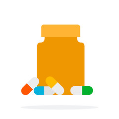 Orange bottle and pile of pills flat isolated