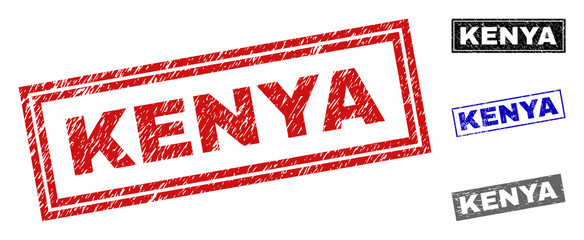 Grunge KENYA rectangle stamp seals isolated on a white background. Rectangular seals with grunge texture in red, blue, black and gray colors.