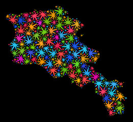 Bright vector cannabis Armenia map mosaic on a black background. Template with bright weed leaves for weed legalize campaign. Vector Armenia map is organized with ganja leaves.