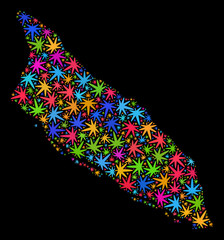 Bright vector marijuana Aruba Island map collage on a black background. Template with colorful weed leaves for weed legalize campaign. Vector Aruba Island map is organized with weed leaves.