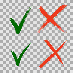 Hand drawn  Green check mark and red cross icons. Vector Illustration