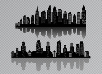 The silhouette of city with black color  Isolated on a transparent background. in a flat style. Modern urban landscape. vector illustration.
