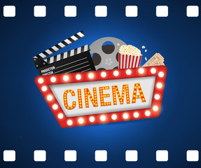 Cinema poster design template. Movie concept banner design  Movie time background banner shining sign. Popcorn, filmstrip, clapboard, tickets. 