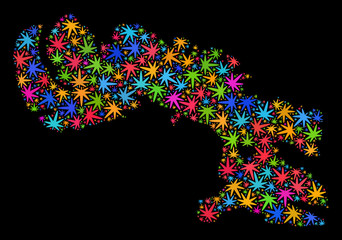 Bright vector marijuana Baffin Island map mosaic on a black background. Template with colorful weed leaves for cannabis legalize campaign. Vector Baffin Island map is formed with weed leaves.