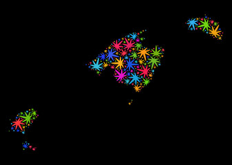 Bright vector cannabis Balearic Islands map mosaic on a black background. Concept with bright weed leaves for marijuana legalize campaign.