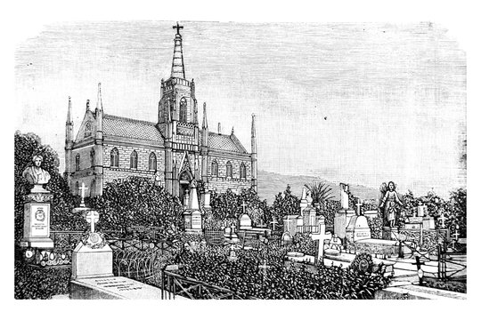 View of the graves in the cemetery - Vintage Engraved Illustration, 1894