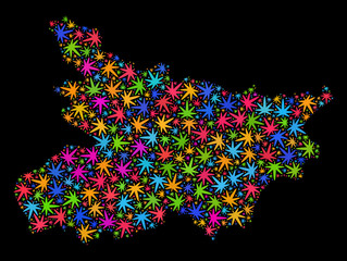 Bright vector cannabis Bihar State map mosaic on a black background. Concept with bright weed leaves for weed legalize campaign. Vector Bihar State map is constructed with ganja leaves.