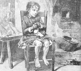 Fearful little girl - Vintage Engraved Illustration, 1894