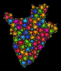 Bright vector cannabis Burundi map collage on a black background. Template with bright herbal leaves for cannabis legalize campaign. Vector Burundi map is constructed with herbal leaves.