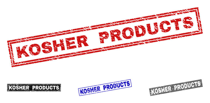 Grunge KOSHER PRODUCTS rectangle stamp seals isolated on a white background. Rectangular seals with grunge texture in red, blue, black and grey colors.